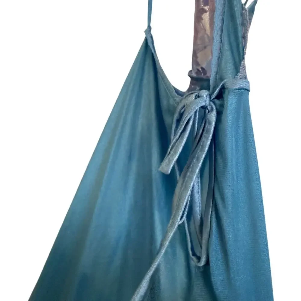 Vintage 80s Texsheen Blue Lace Maxi Nightgown Slip Dress - Picture 3 of 8